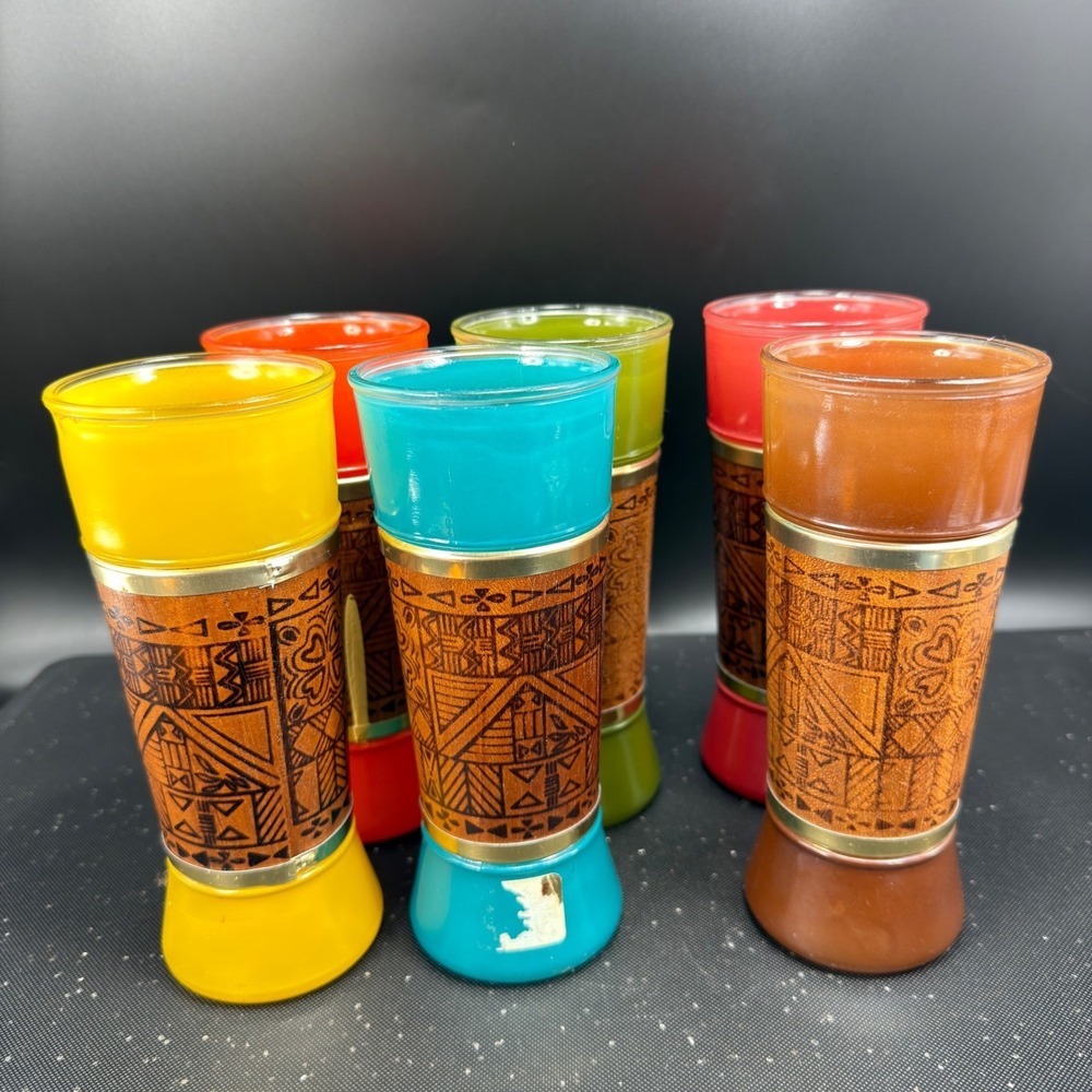 Vintage MCM Tiki Highball Glasses Genuine Mahogany Wood Wrap Set 6 Multi Color - Picture 11 of 15